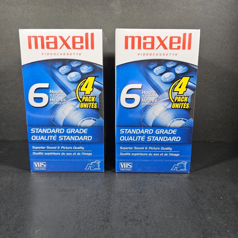 New Maxwell Standard Grade Set of 2 4-Packs (8 Tapes) VHS Recordable Tapes 6 hrs